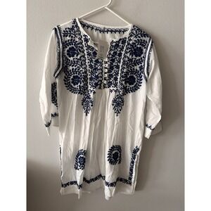 Dolma Tunic Women's Small Hand Embroidered Beach Cover Up Cotton White Blue Boho